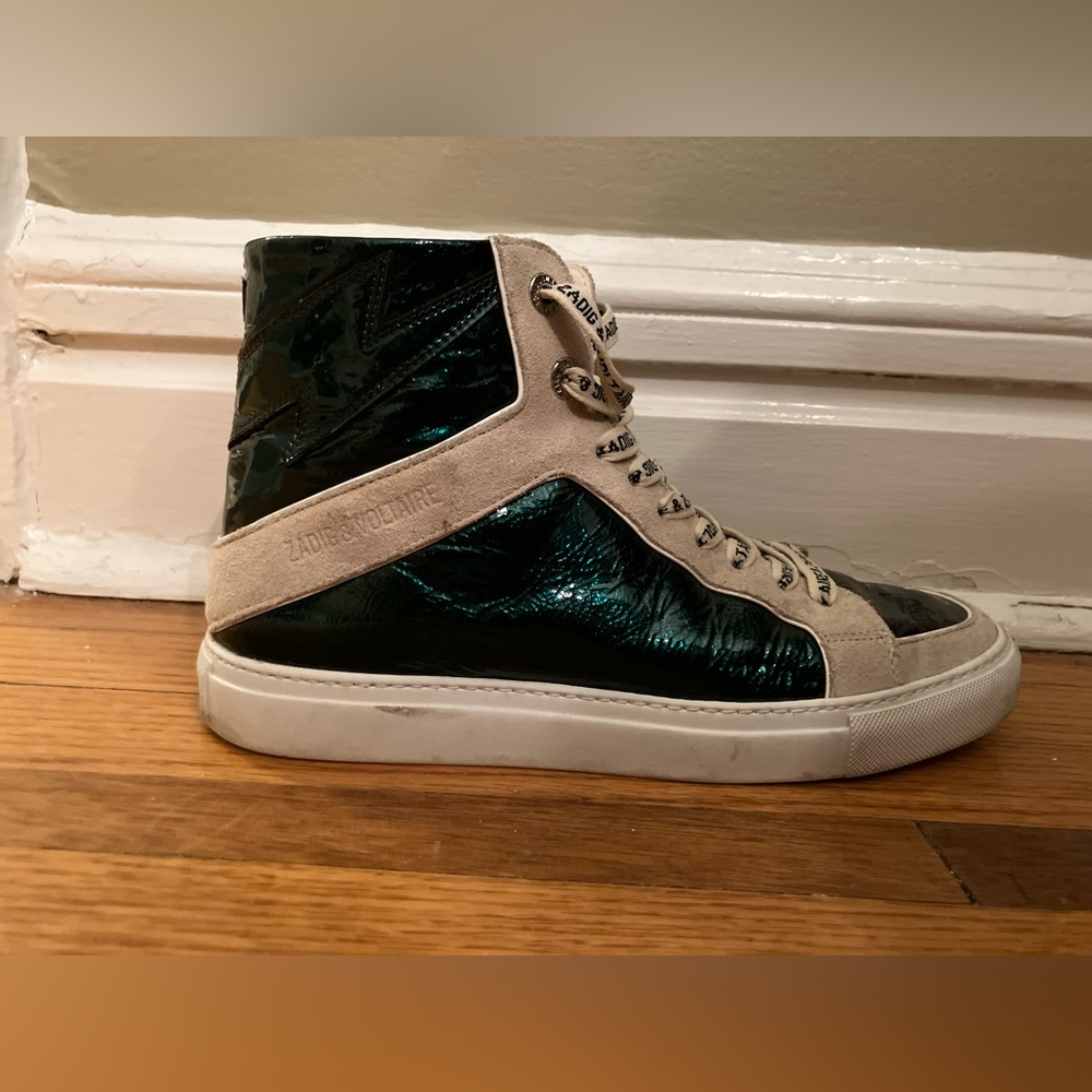 Zadig & Voltaire high top sneaker, with dark green patent leather accent